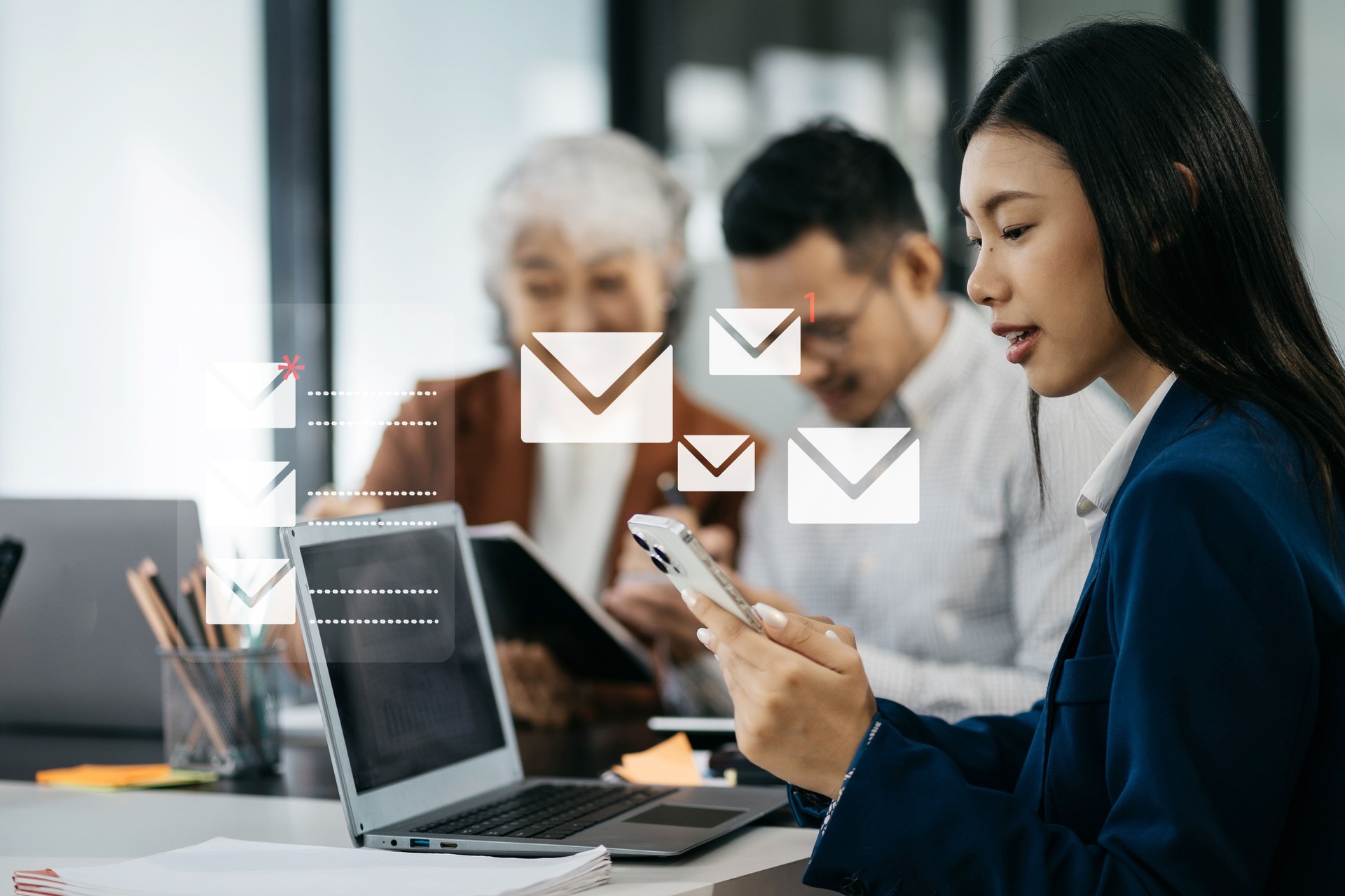 Business email marketing notification concept, Businesswoman use laptop receive message alert in the mailbox and transfer data at office.